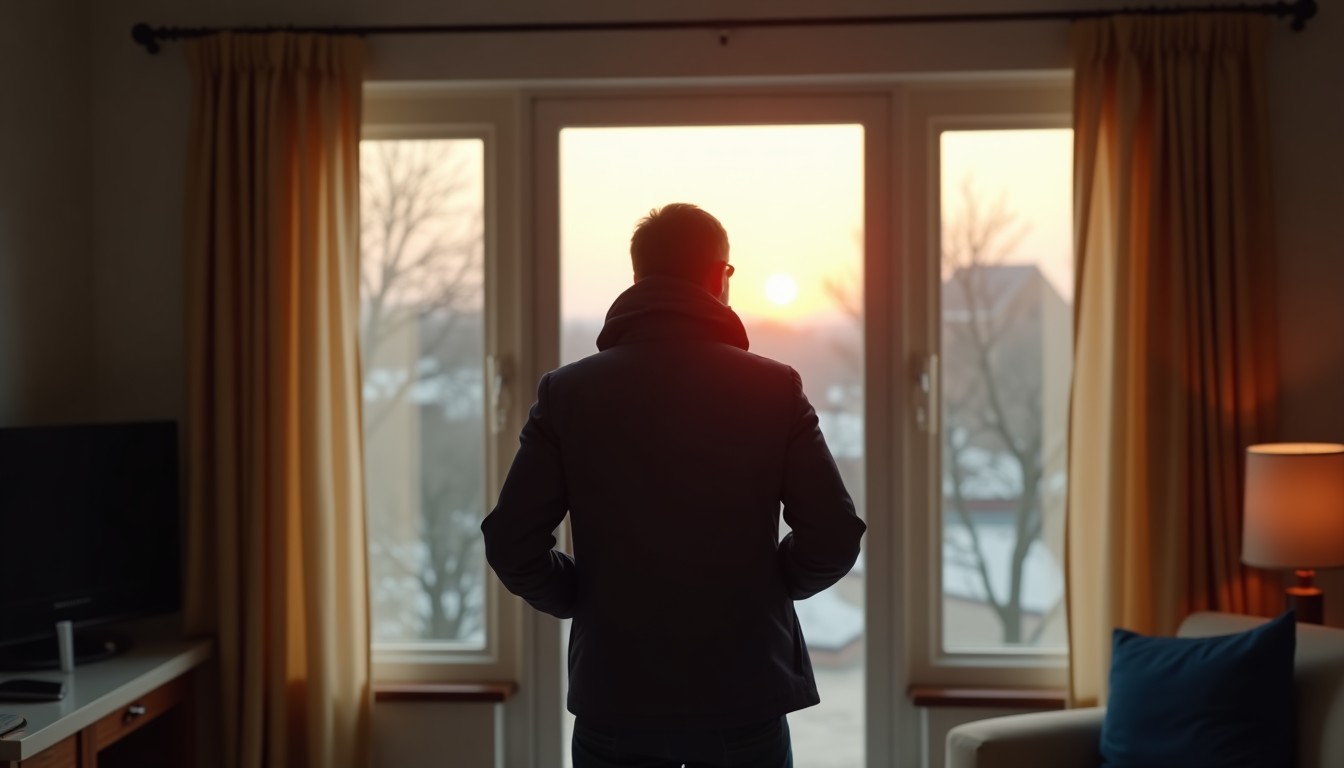 A person putting on a jacket inside a cozy room, looking out a window at a windy day.