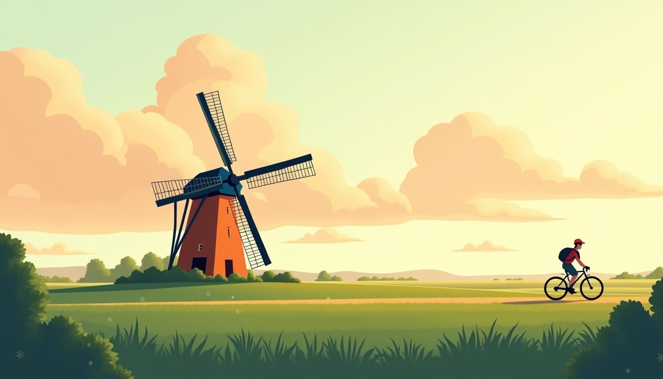 A windmill in a field with a cyclist on a windy day, dramatic clouds.