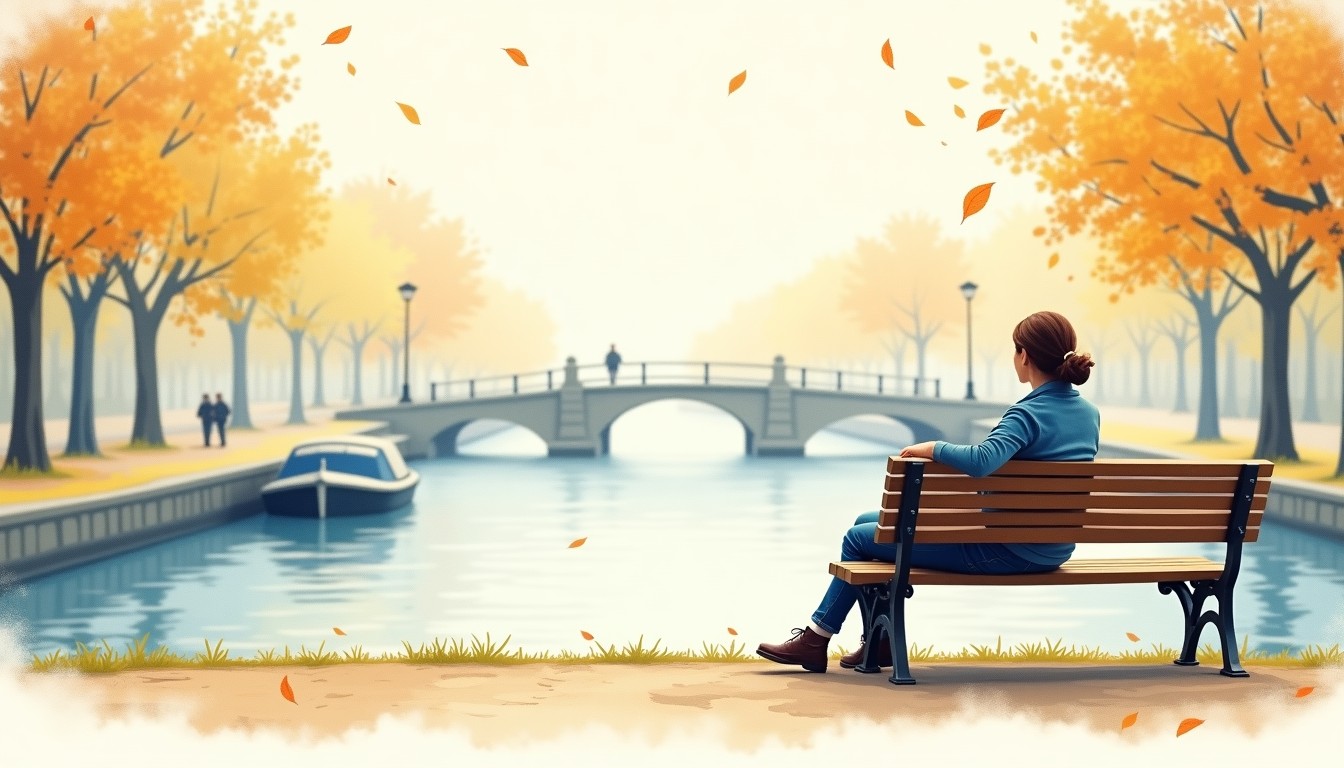 A person sitting on a bench by a canal after a walk, looking relaxed, with leaves blowing.
