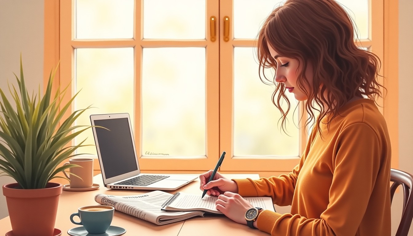 Person writing a summary in a notebook at a desk with Dutch newspaper and laptop