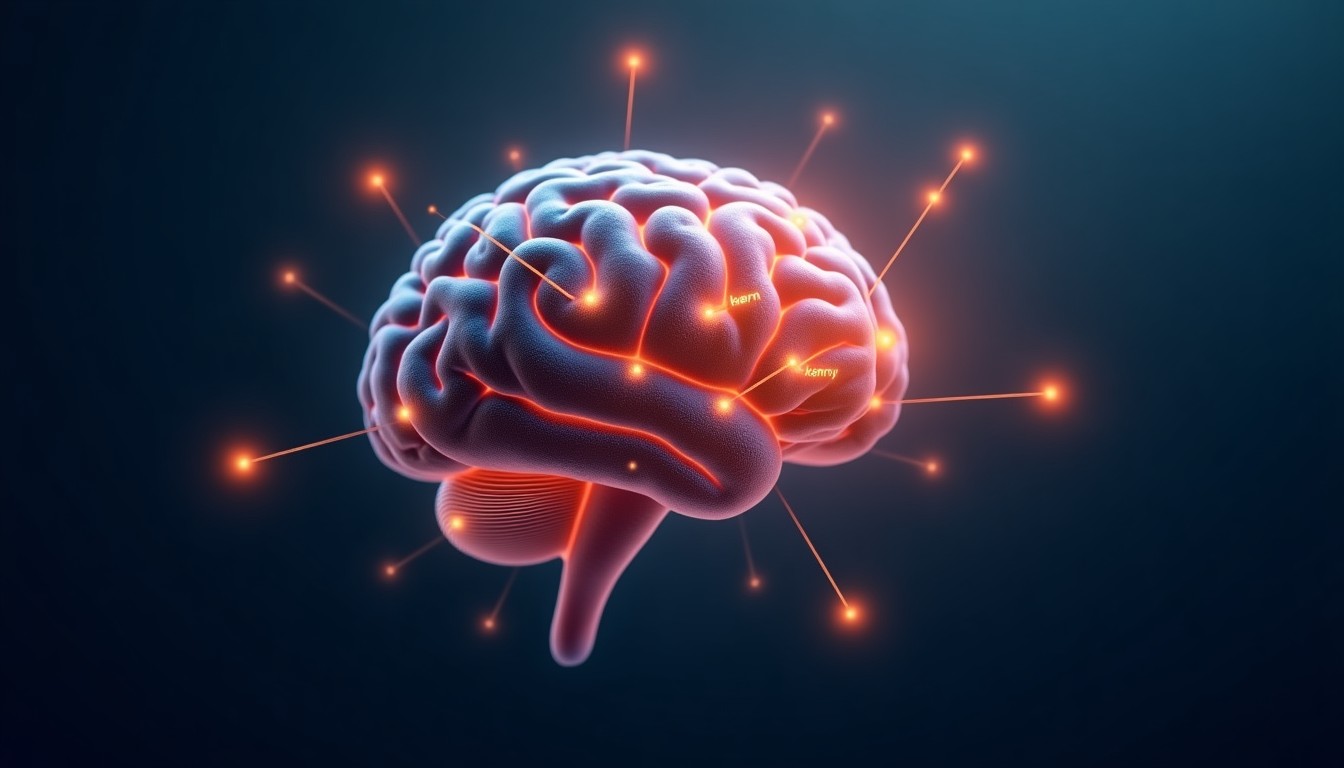 Brain with Dutch words and glowing connections showing active recall process