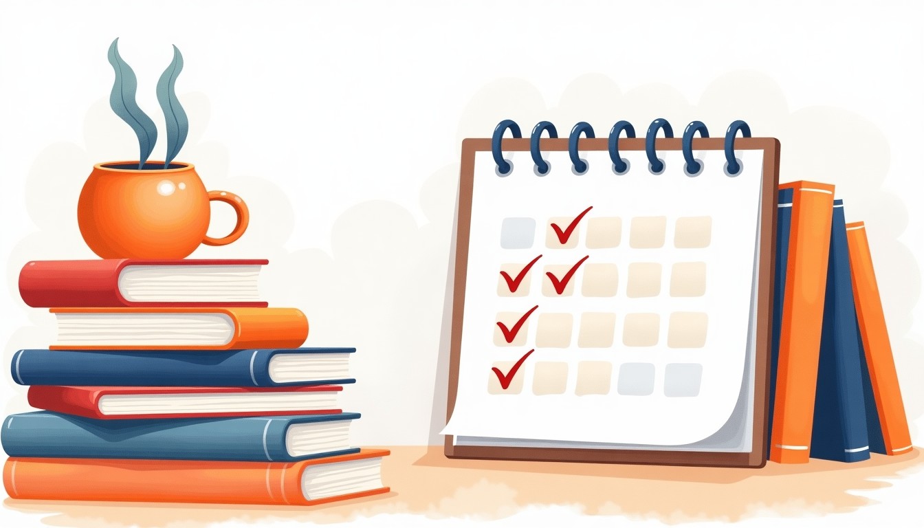 Stack of books and a calendar with weekly review dates for spaced repetition