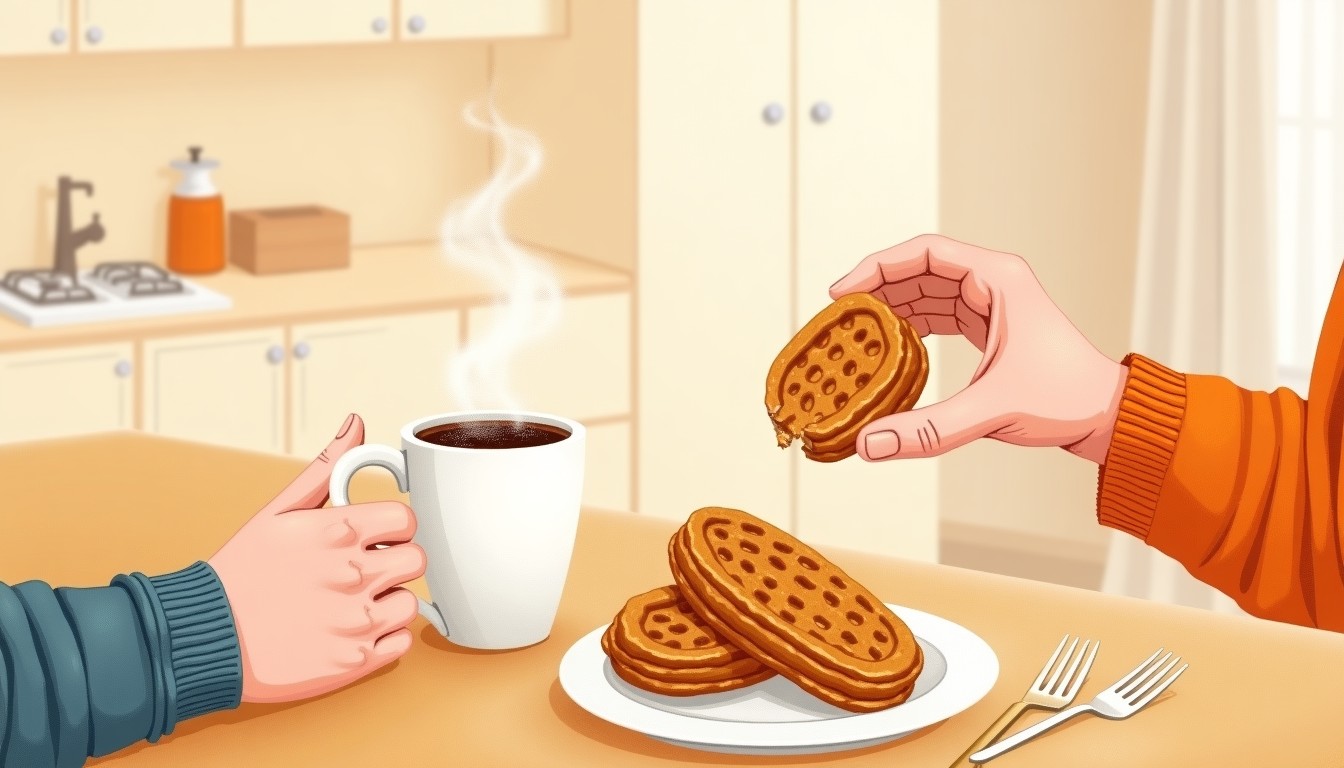 Person eating a stroopwafel with coffee in a cozy Dutch kitchen
