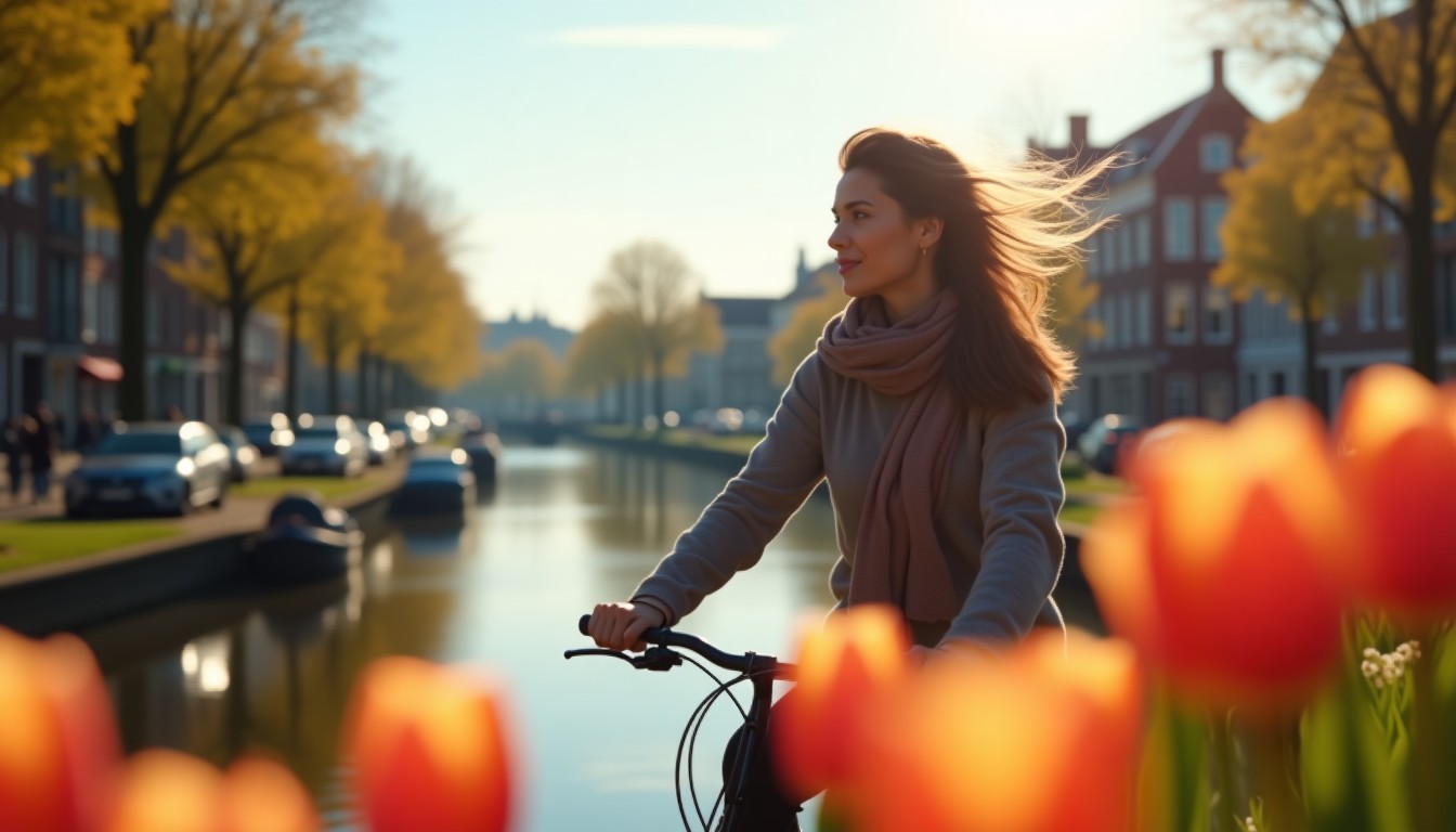 Person cycling along a canal on a sunny day