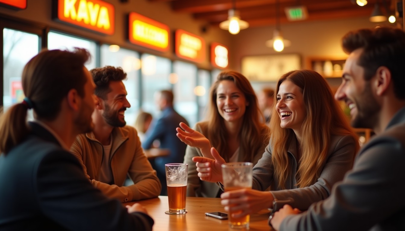 Friends enjoying each other's company in a busy Dutch café