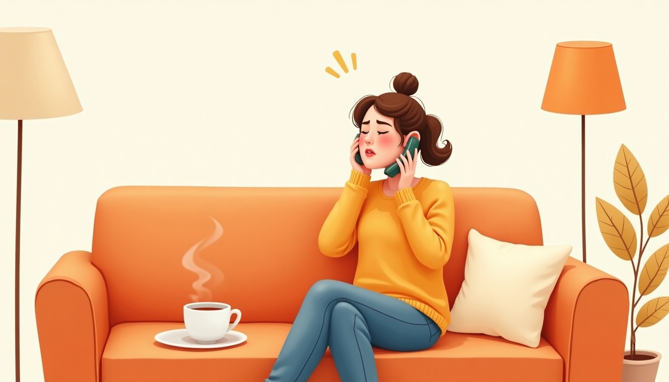 A person on the phone canceling plans, looking relieved, in a cozy Dutch living room.