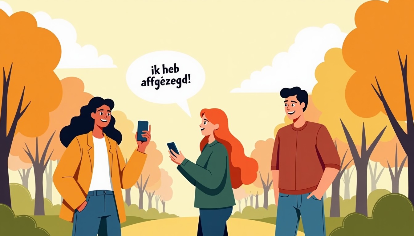 Friends in a park, one checking her phone and smiling after canceling another plan.