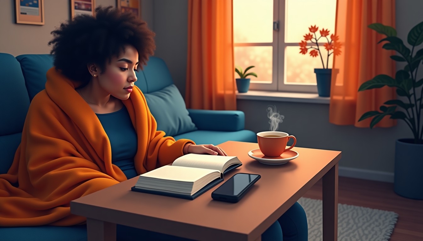 A person enjoying a quiet evening at home after canceling plans, with a tea and book.