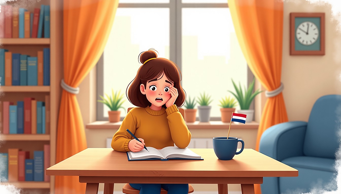 Person writing in a notebook with a frustrated expression in a cozy Dutch room
