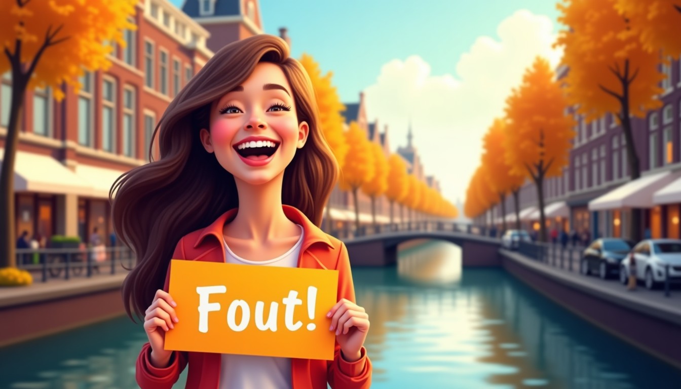 Woman laughing while holding a sign that says Fout in a Dutch city street