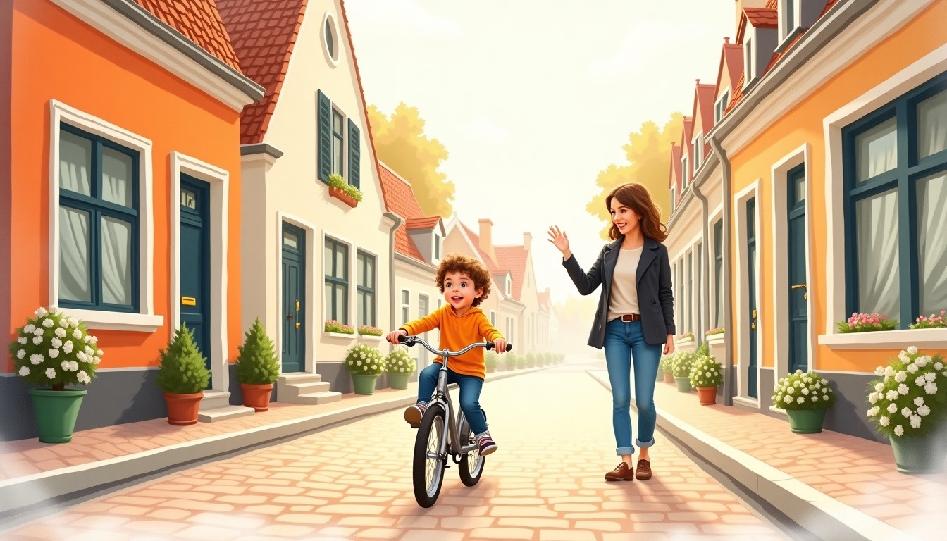 Child falling while learning to ride a bicycle on a Dutch street with a parent watching