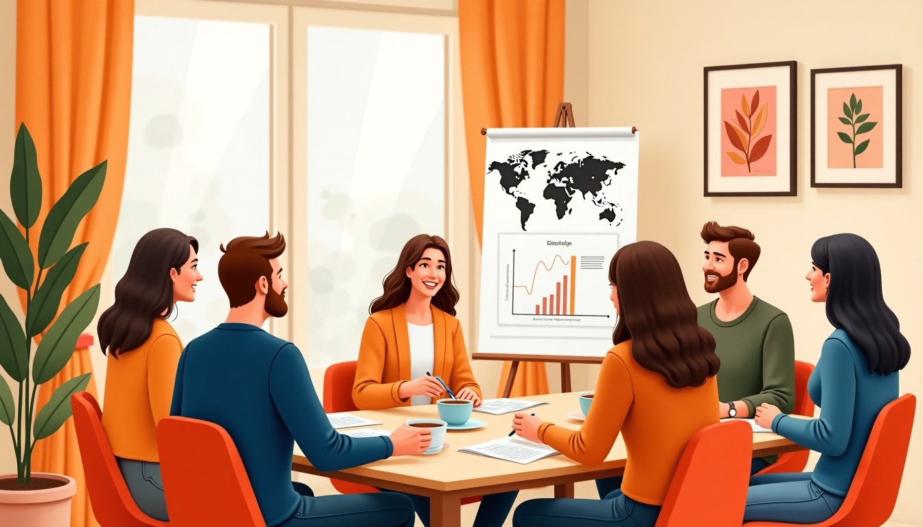 Dutch people polderen around a table with coffee and a whiteboard