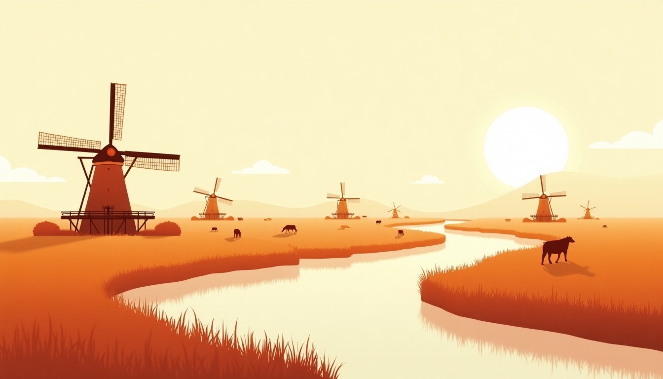 Dutch polder landscape with windmills and canals