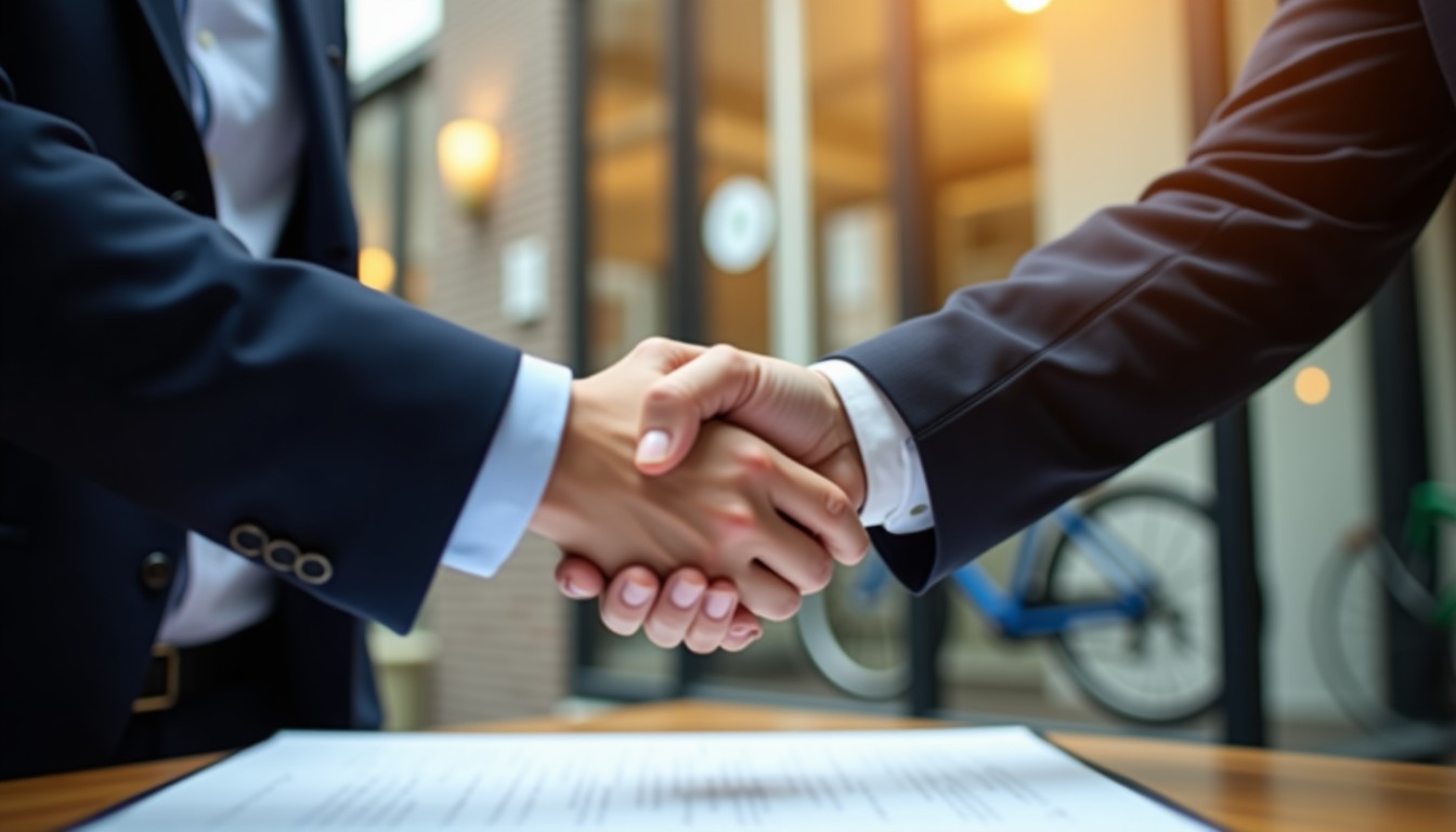 Handshake over a document in a Dutch office with a bicycle