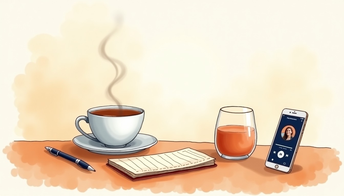 Cozy breakfast table with coffee, notebook, and phone for Dutch practice