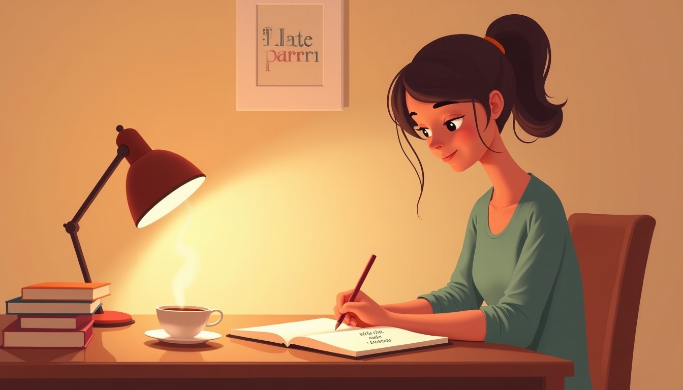 Person writing in a Dutch journal at a desk with warm lamplight