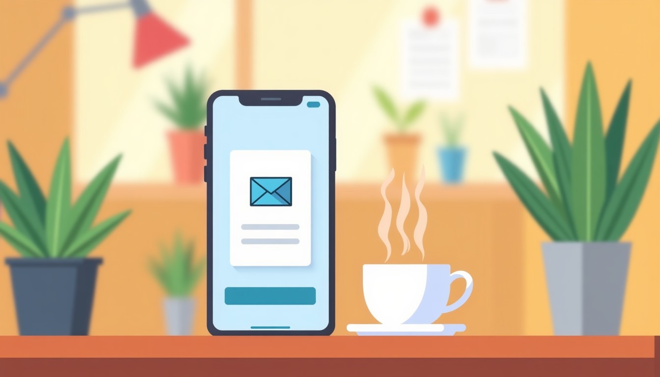 Phone notification for Dutch email training next to a coffee cup