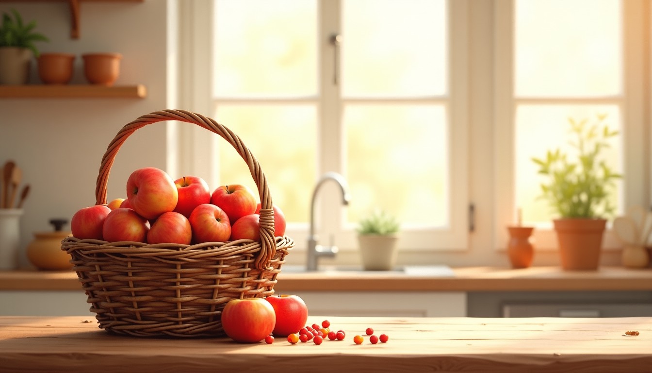 A wicker basket with a broken bottom spilling apples on a wooden kitchen table