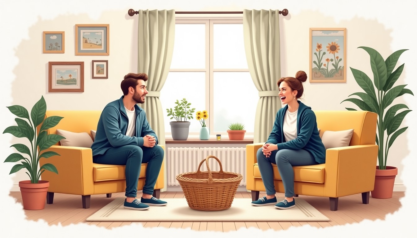 Two people having a conversation in a cozy Dutch living room, one looks guilty while the other laughs