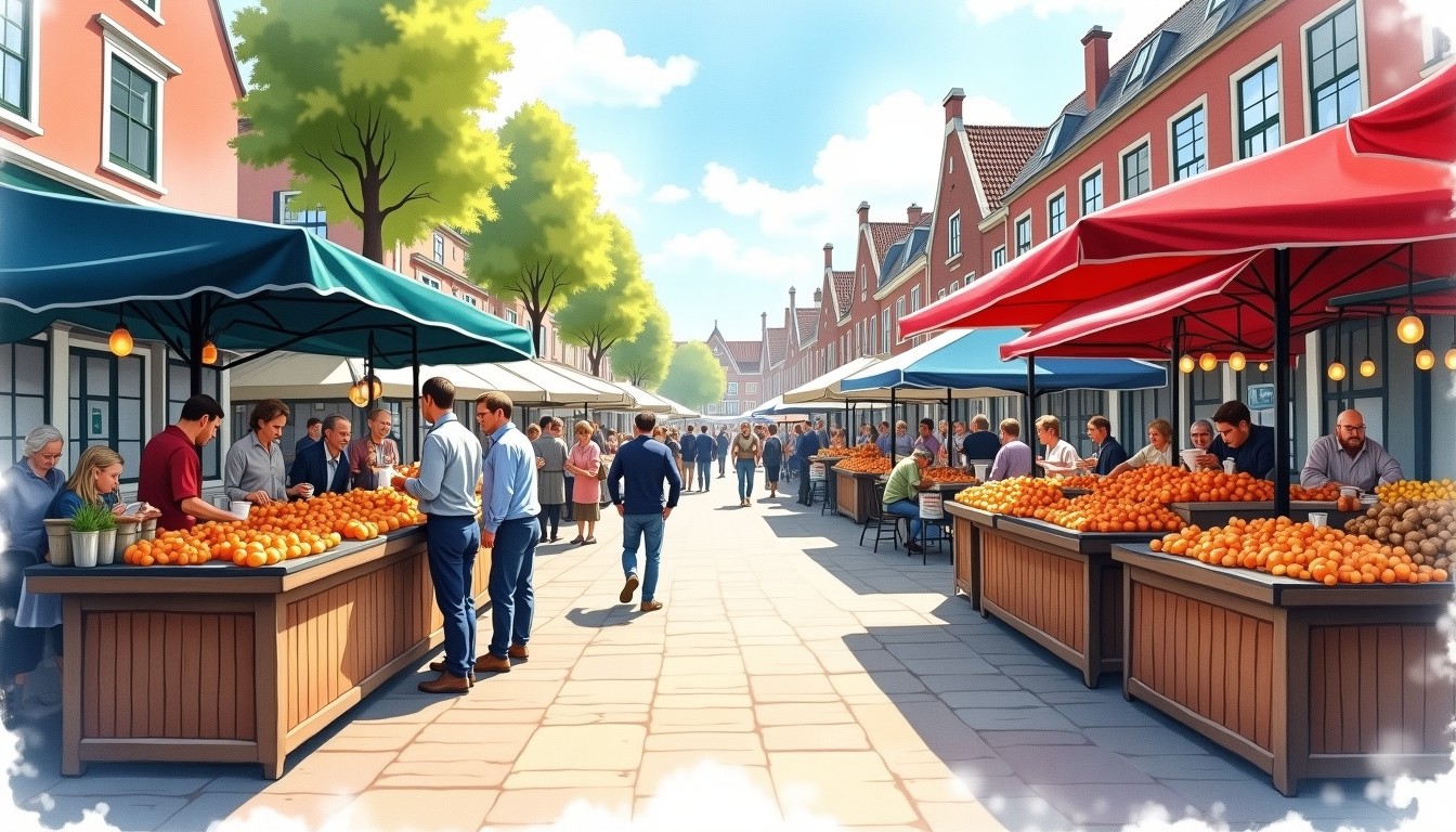 A bustling Dutch market scene with food stalls.