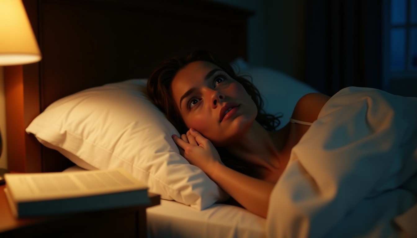Person lying awake in a cozy Dutch bedroom at night, staring at the ceiling with a restless expression