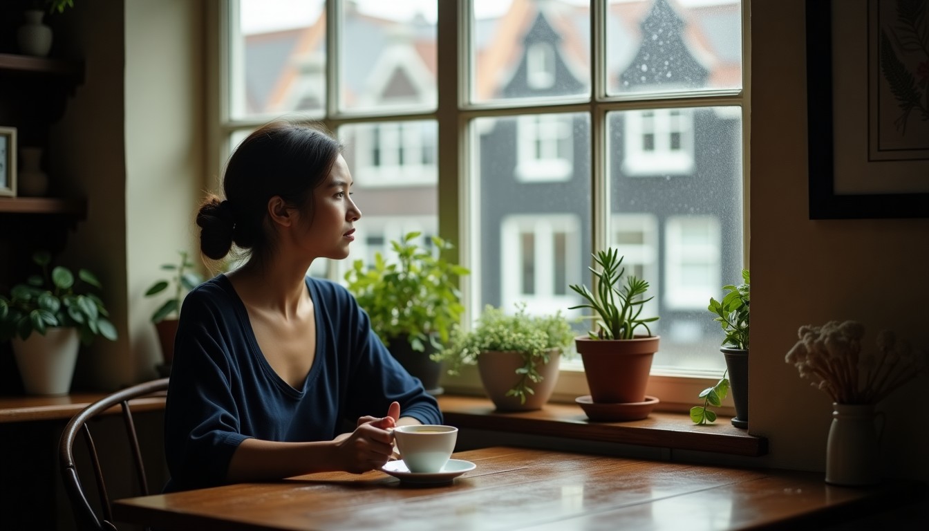 Woman sitting pensively at a Dutch kitchen table with tea, looking out a rain-streaked window