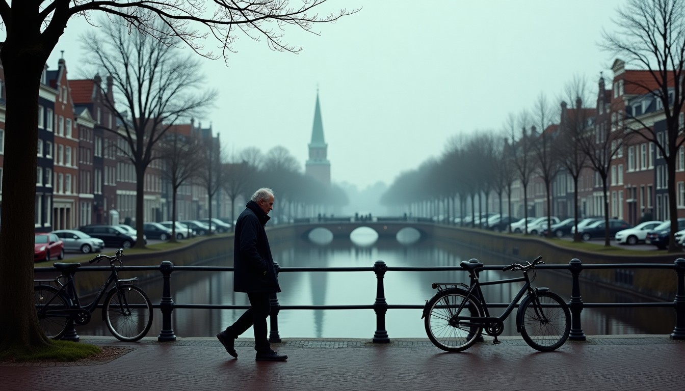 Lone person walking pensively along an Amsterdam canal on an overcast day