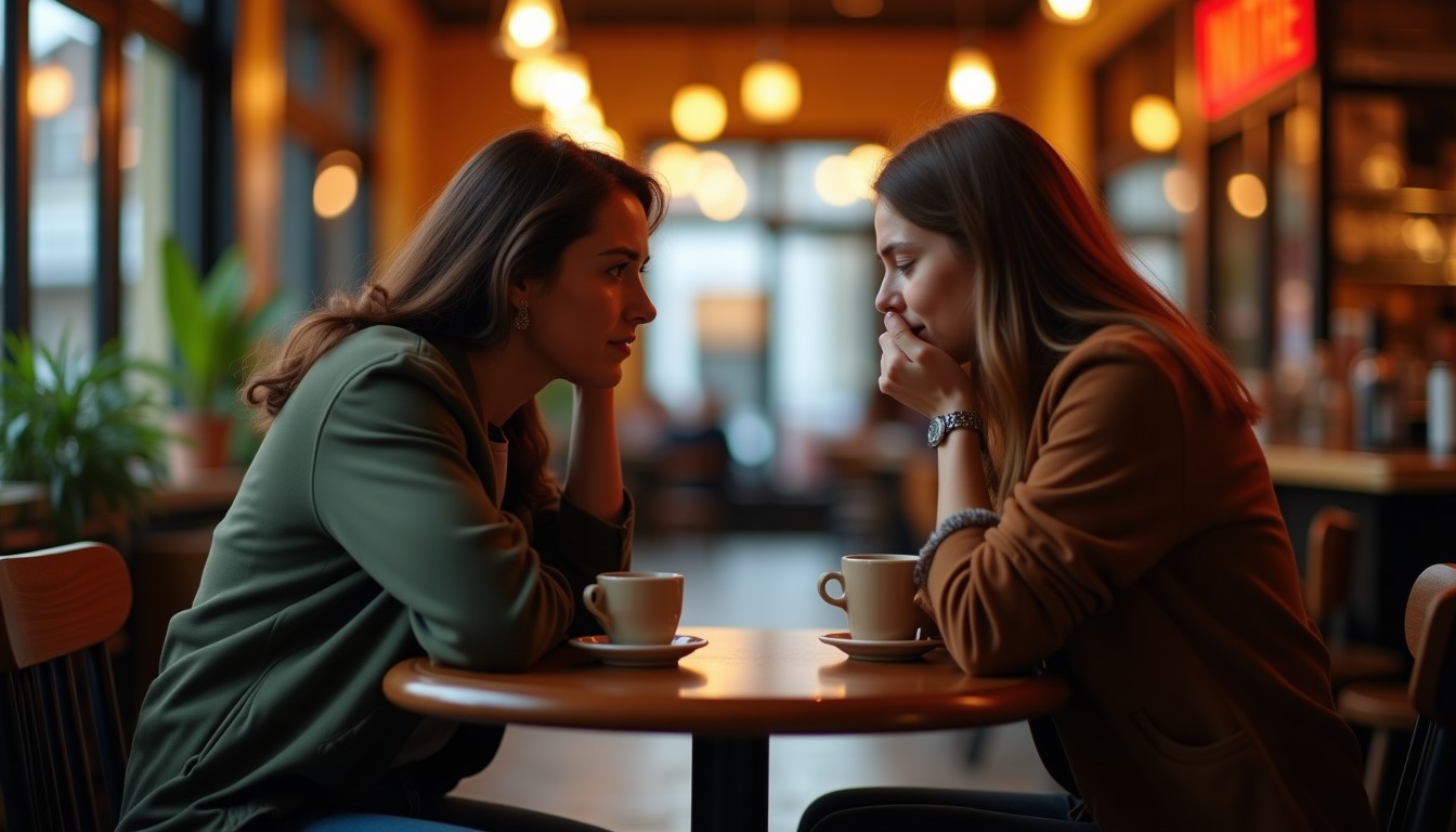 Two friends in a cozy Dutch café, one listening supportively while the other shares their worries over coffee