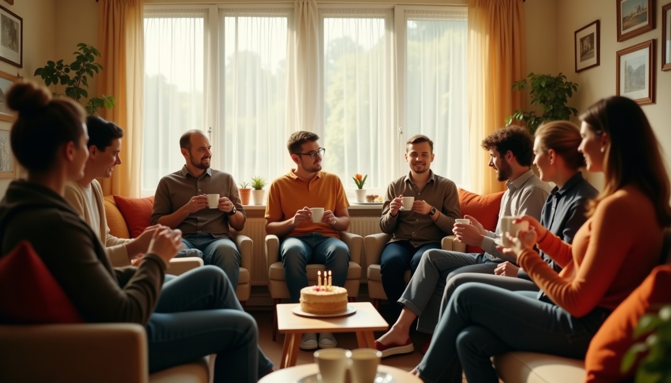 Dutch birthday party with guests sitting in a circle of chairs drinking coffee in a modest living room