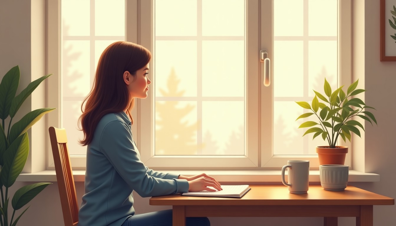 Person studying Dutch at a simple wooden desk by a large window with a cup of coffee