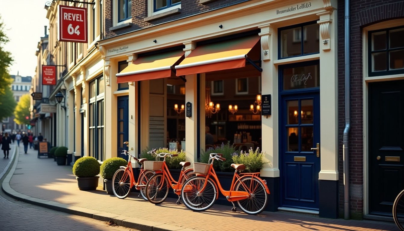 Dutch coffeeshop exterior on an Amsterdam canal street with bicycles parked outside in warm afternoon light
