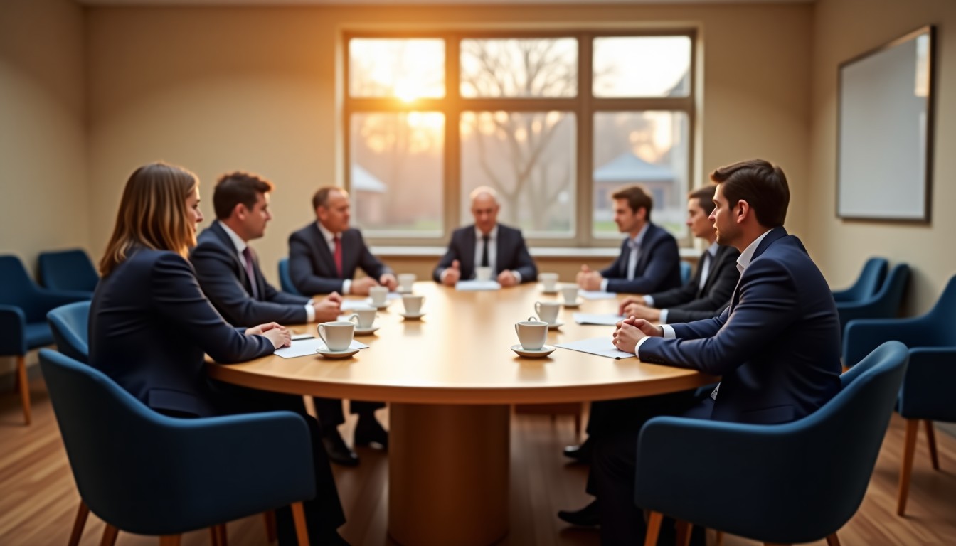 Dutch municipal officials in a round-table meeting room discussing policy under warm natural light