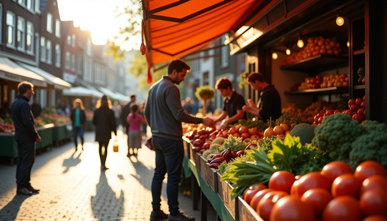 A Dutch street market vendor arranging colorful vegetables and flowers on cobblestones in morning light