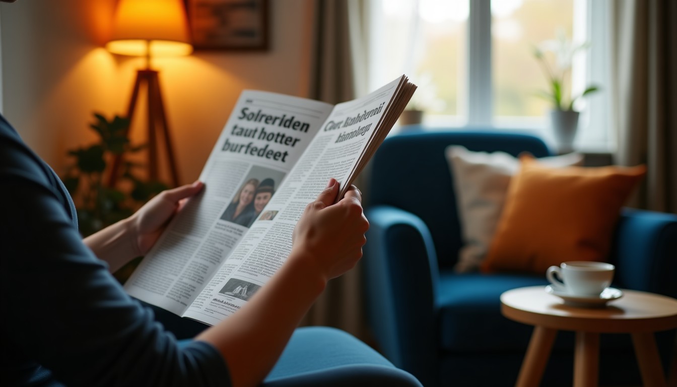 Person reading a Dutch newspaper in a cozy living room with warm lamp light and navy blue armchair