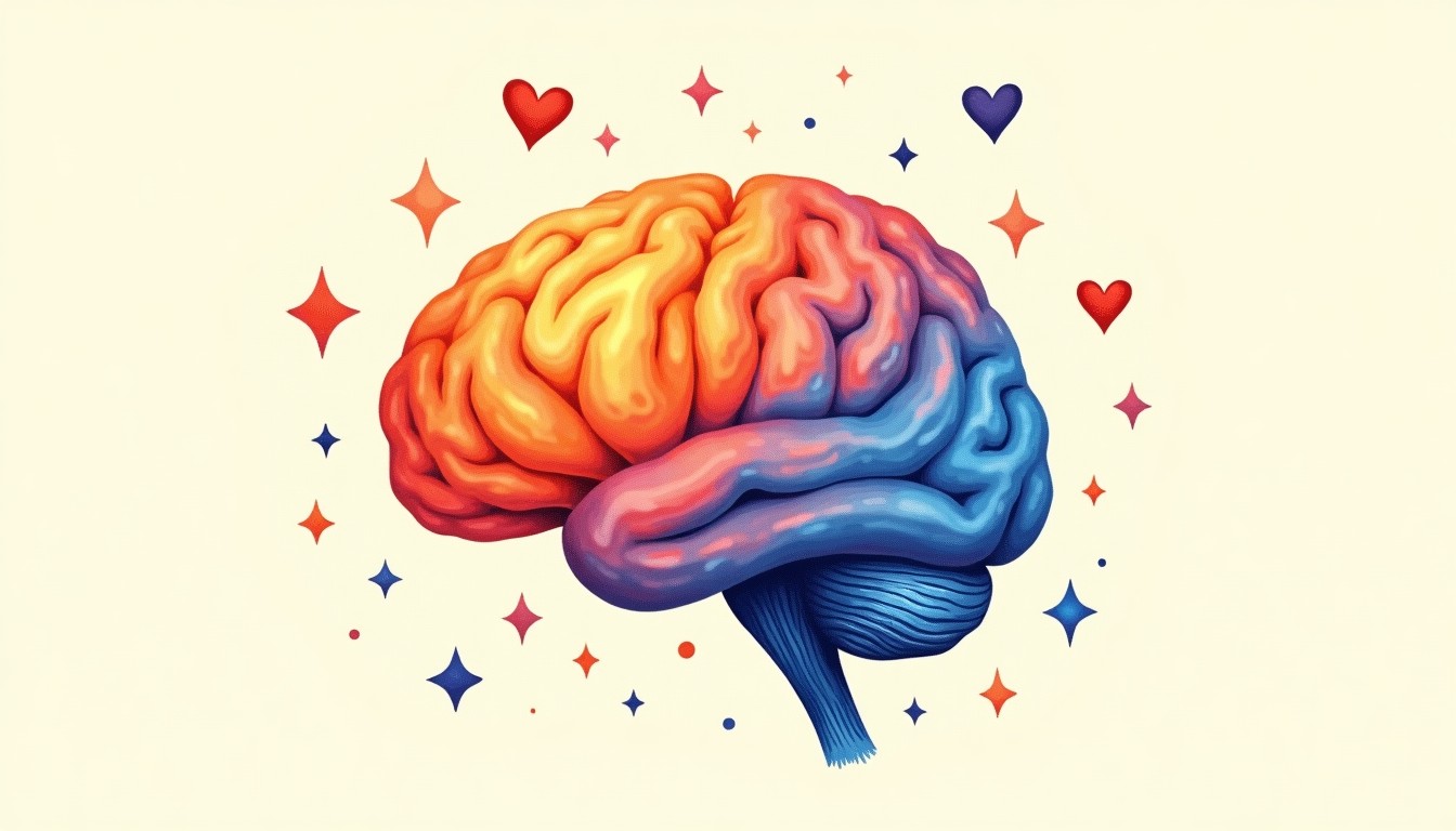 A colorful brain with glowing paths and small hearts, representing emotional memory