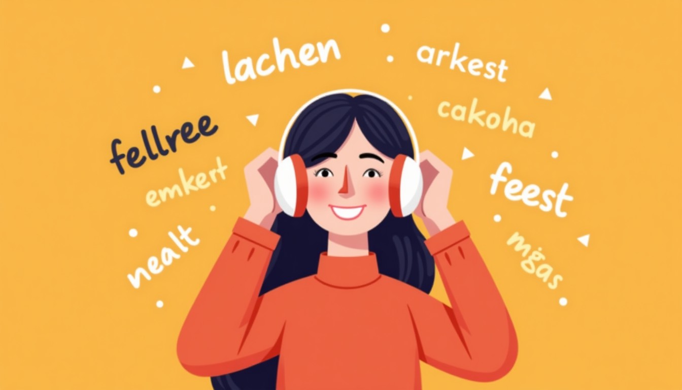 A happy person listening to Dutch audio with floating words around them