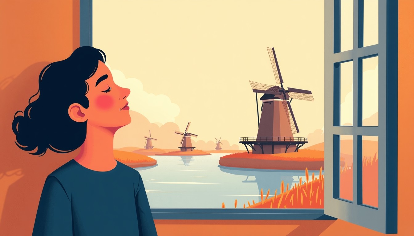 A calm person breathing deeply with a Dutch windmill visible out the window
