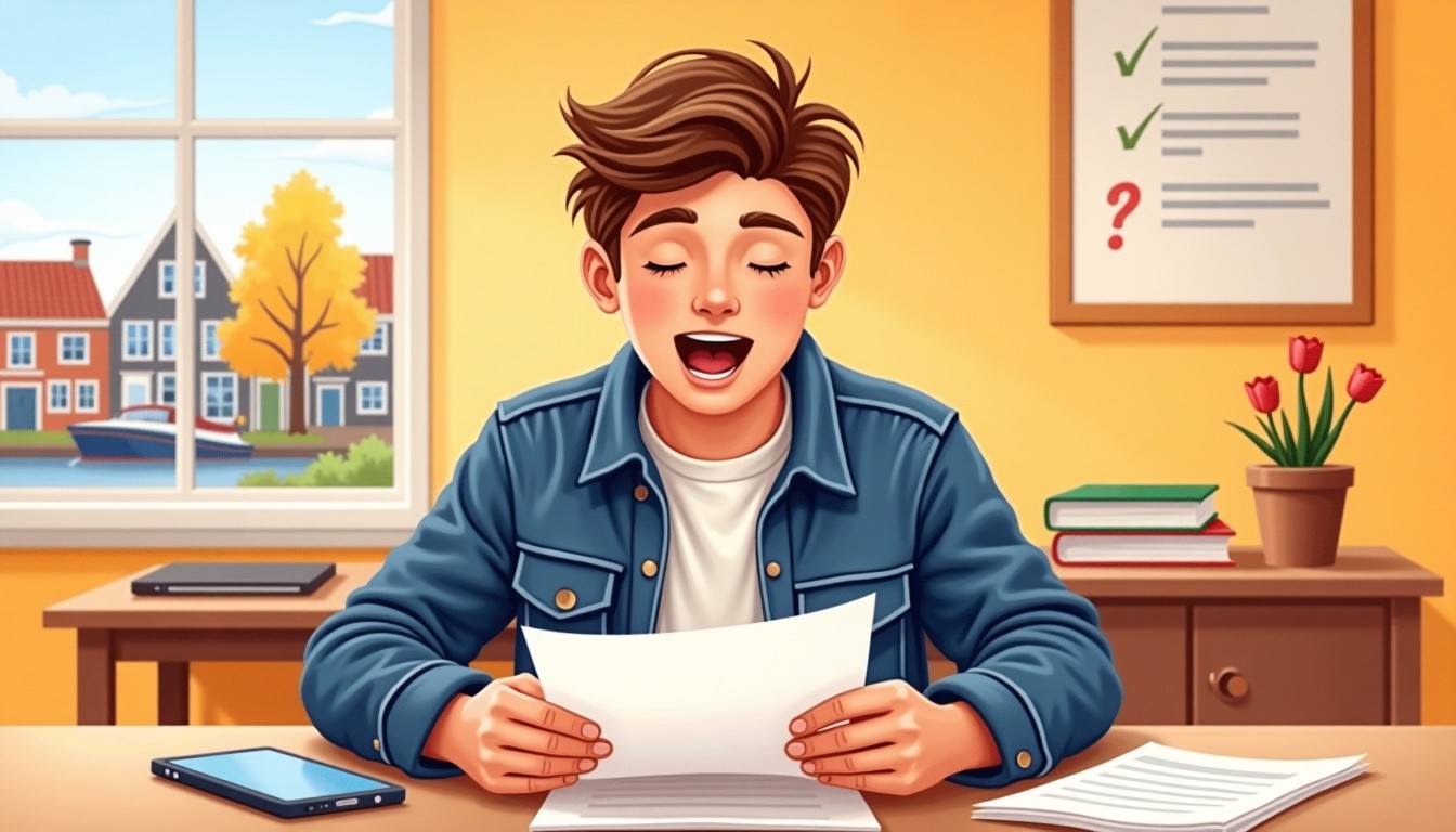 Young expat looking at a test paper with a surprised happy expression in a Dutch classroom