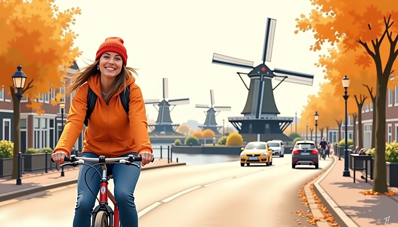 Person on a bicycle smiling in Dutch traffic with windmills and canals