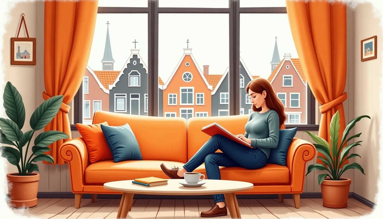 Person writing in a journal in a cozy Dutch living room with coffee