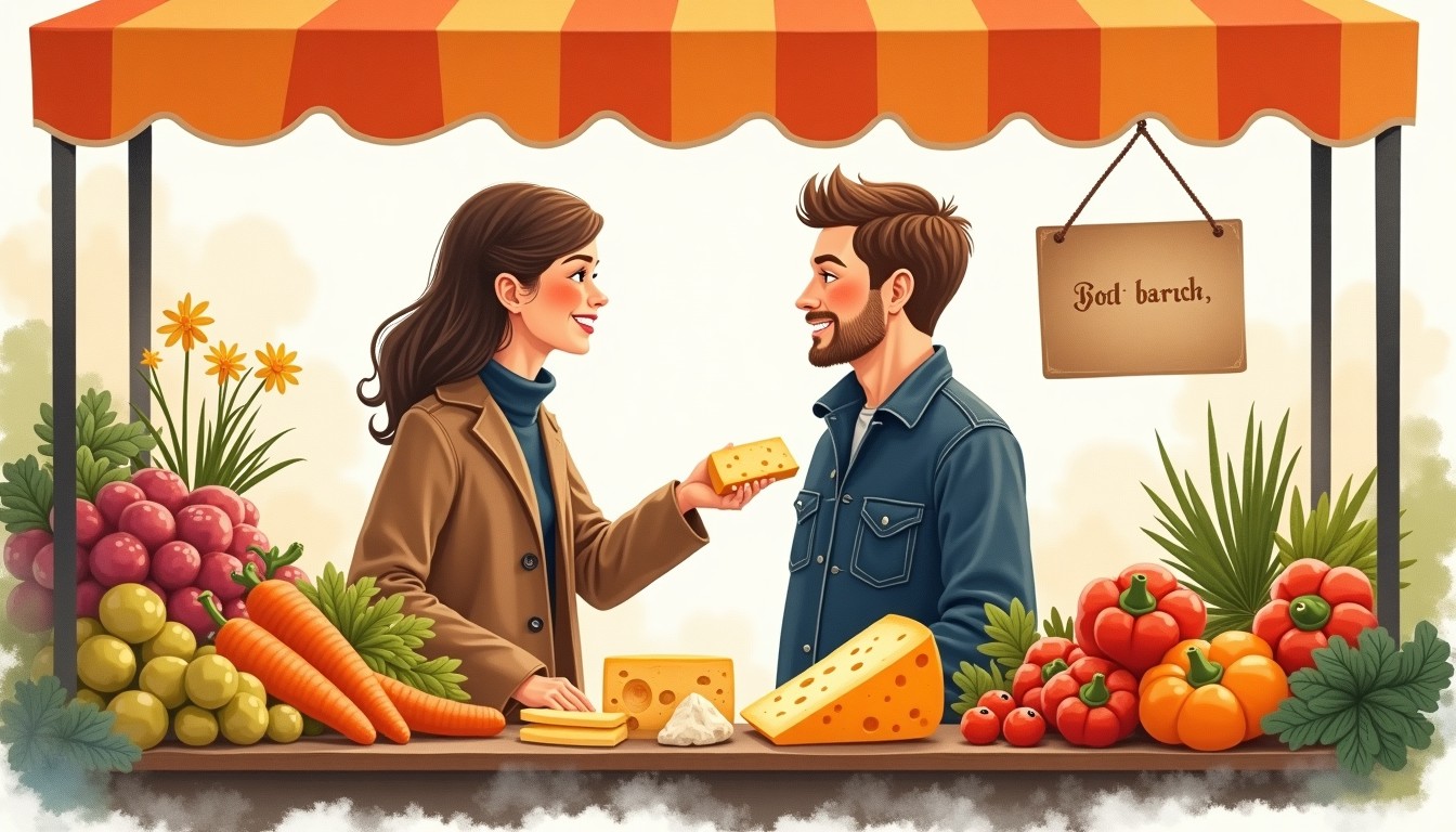Customer tasting cheese at a Dutch market stall with a pleasantly surprised expression