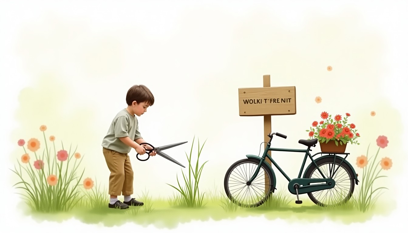 A person cutting a blade of grass with scissors