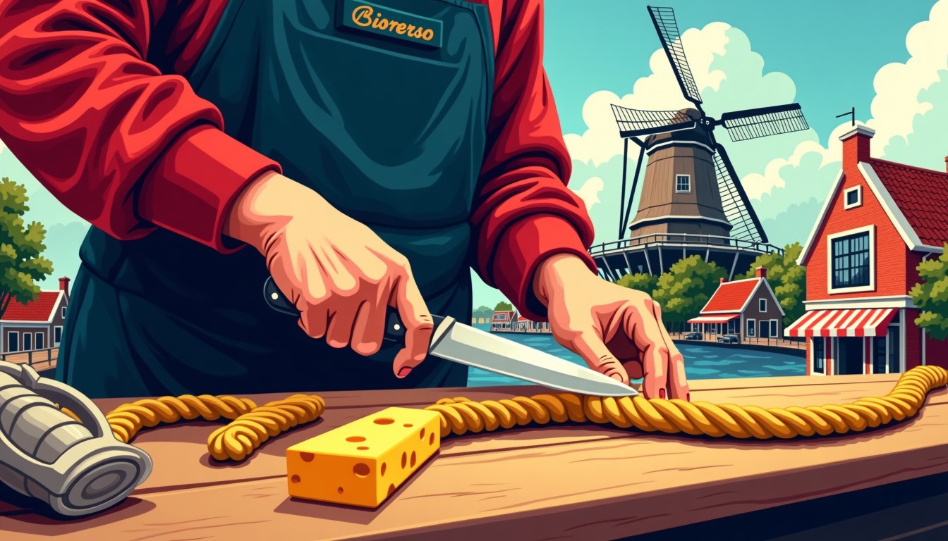 A person cutting a piece of rope with a knife