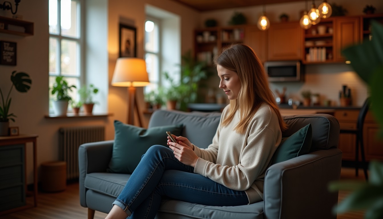 A person examining an object in a cozy living room