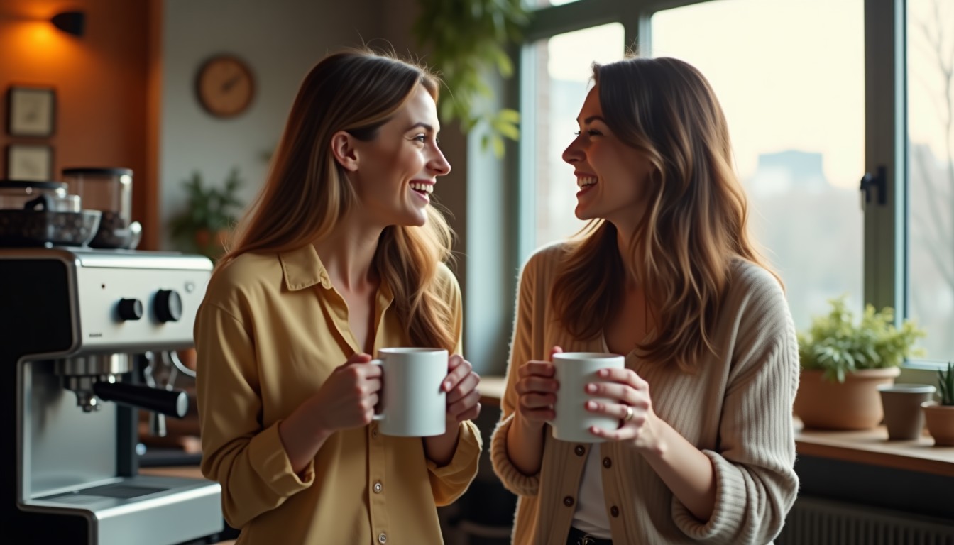 Two colleagues having a casual chat at a coffee machine in a Dutch office