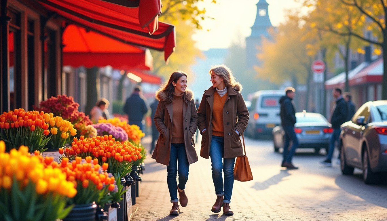 Two Dutch neighbours chatting beside a tulip stall at a street market