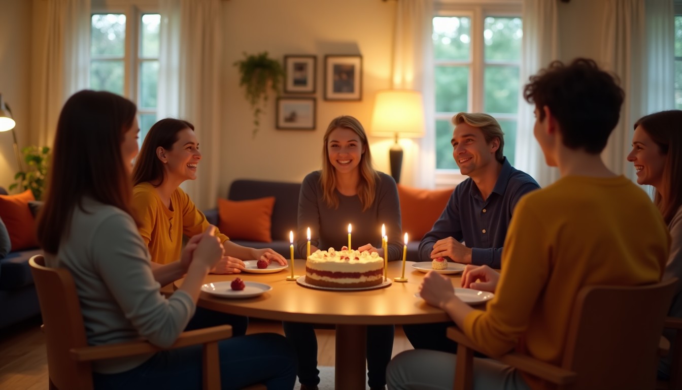 Dutch birthday party in a living room with guests sitting in a circle chatting