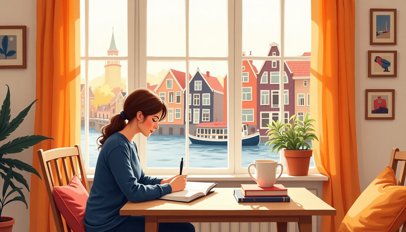 Person writing in a journal in a cozy Dutch living room with a canal view