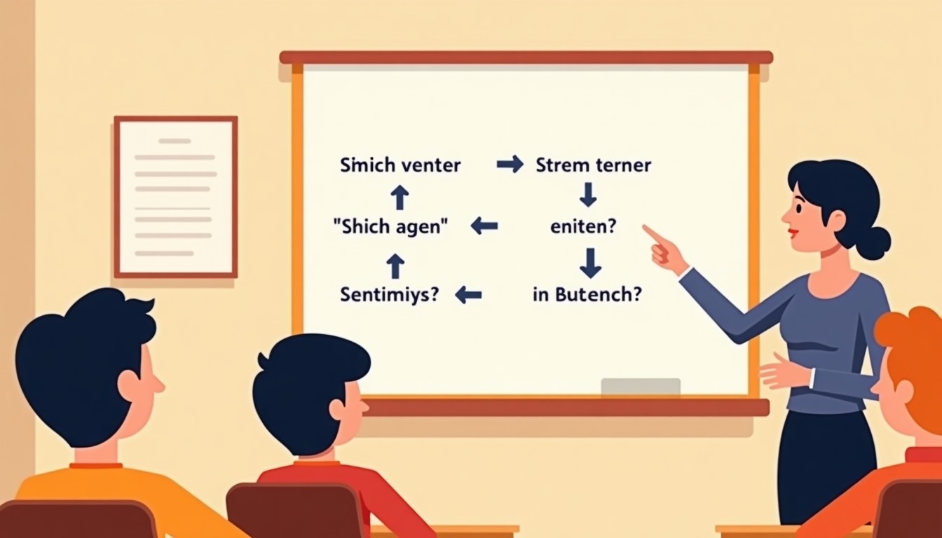 Dutch classroom with teacher explaining sentence structure on a whiteboard