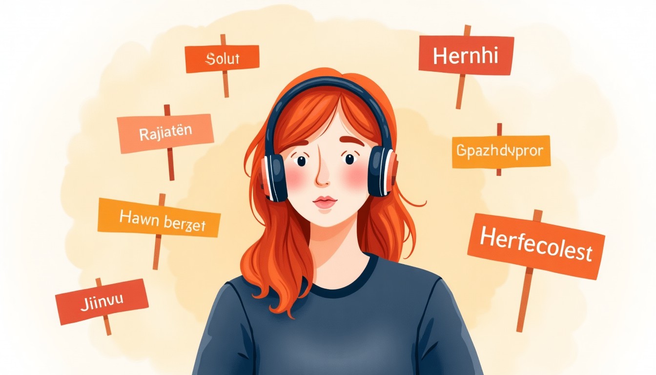 Person listening to a Dutch podcast with floating words around them
